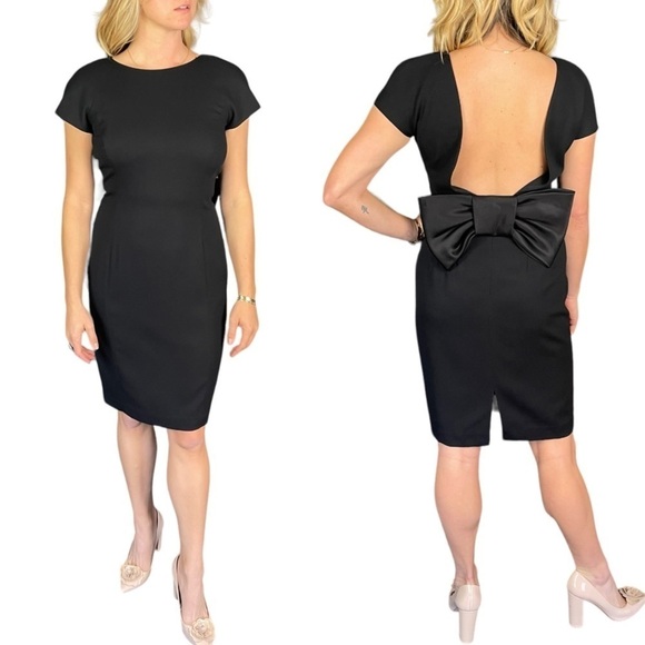 VINTAGE AJ BARI BLACK SCOOP OPEN BACK BOW CLASSIC COCKTAIL DRESS - Picture 1 of 13